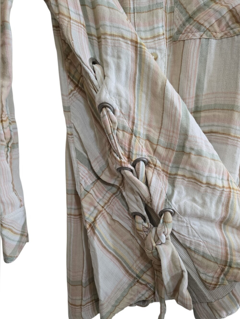 Free People Nordic Day Gauze Plaid Lace-up Side Tunic Top Small Cream Combo - Picture 6 of 10